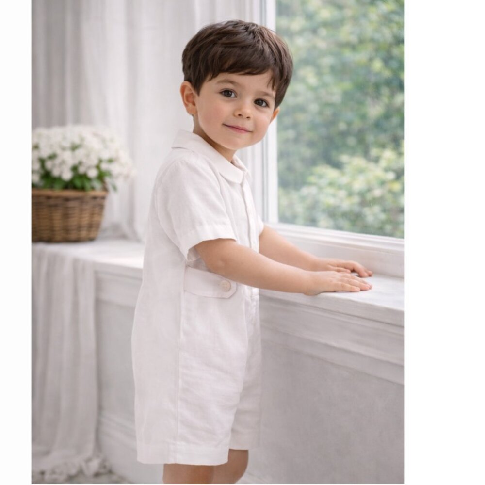 Strasburg Boy White Linen Romper Shortall NEW Size 3 Beach Portrait Ring Bearer - Picture 1 of 10
